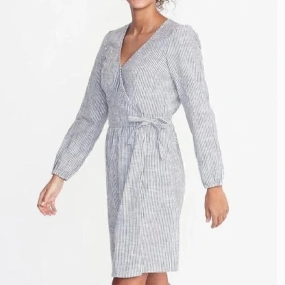 Old Navy Women's Size Small True Wrap Dress Blue White Stripe Long Sleeve Cotton